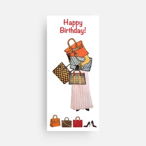 Tarjeta de cumpleaños con ilustración de moda/tarjeta de felicitación con dibujo de boceto para hija, mamá, madre, esposa, compañera de trabajo, hermana, mejor amiga, bolso de mano