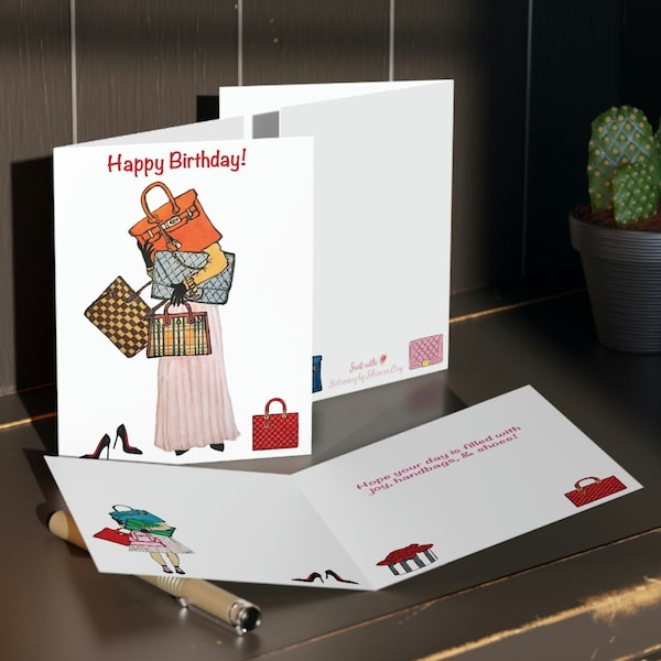 Handbag Shoe Birthday Card 4 Sided! Fashionista Birthday Greeting Card Stationery