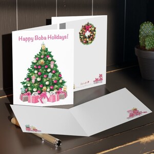 Carte de Noël de thé aux perles | Boba Tea Arbre de Noël rose mignon carte de vœux autocollant enveloppe carte de voeux fille enfant étudiant soeur ami