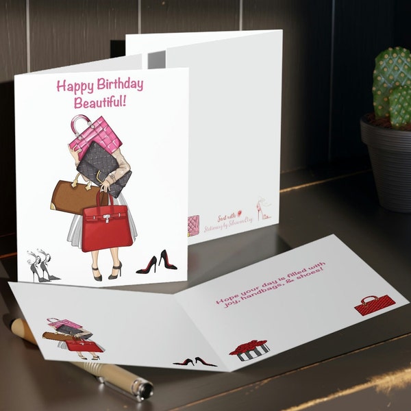 Handbag Shoe Fashion Birthday Card 4 Sided! Fashionista Greeting Card Stationery with Envelope