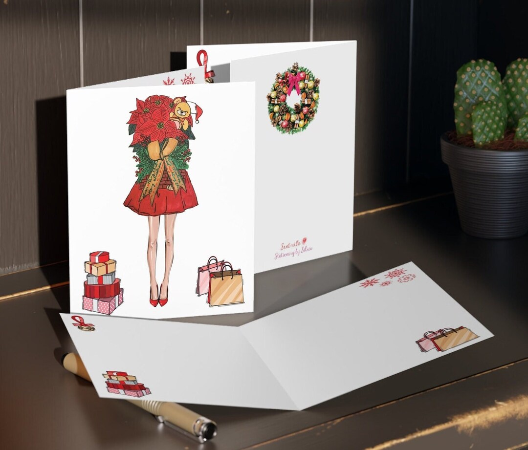 Fashion Christmas Cards Poinsettia Flowers Holiday Card Set Cute