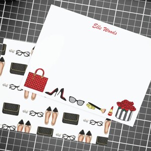 Briefpapierset met gepersonaliseerde mode-accessoires | Handtas Schoenen Fashionista Brief Schrijfkaart Set Aangepast Cadeau Haar Dochter Moeder Tante Zus
