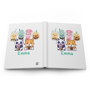 Cuaderno de diario escolar personalizado para niños Té de burbujas / Boba Lover personalizado Corgi Perro Panda Animales Cuaderno para niños Tapa dura Regalos para niños