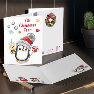 Cartes de Noël de thé aux bulles de pingouin 4 faces ! Ensemble de cartes de voeux de vacances Boba Tea cadeau cadeau fille enfants enfants fils étudiant soeur ami