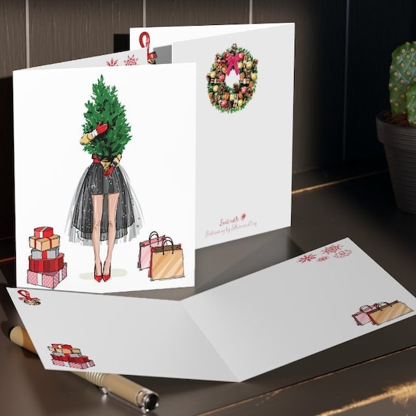 Fashion Girl Christmas Tree Cards 4 Sided! Fashionista Holiday Greeting Card Stationery w/ Envelopes (Set of 8 or 16)