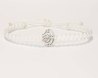 Lotus flower bracelet, white string braided bracelet silver color lotus flower charm, new, white lotus wristband,adjustable for man & woman