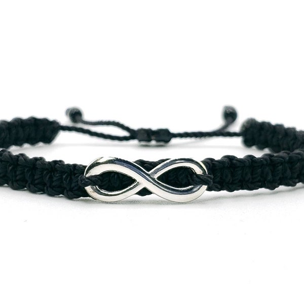 infinity bracelet, braided black string wristband, silver tone infinity charm braided bracelet for man & woman