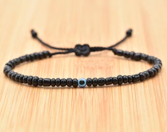 evil eye bracelet, black string evil eye wristband, beaded evil eye protection bracelet, adjustable, for man and woman