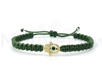 Hamsa Hand bracelet with an evil eye for protection and good luck, braided green string with a gold color hamsa hand, for man & woman