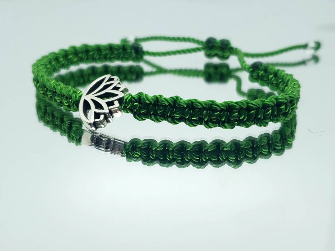 Lotus Flower Bracelet Green String Braided Bracelet Silver Etsy