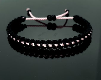 Pink line bracelet, Black braided bracelet with a pink Line, adjustable wristband -new -handmade -for man & woman