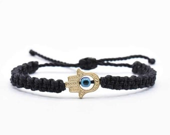 Hamsa hand bracelet with an evil eye for protection & good luck, braided black string wristband with a gold color hamsa hand adjustable