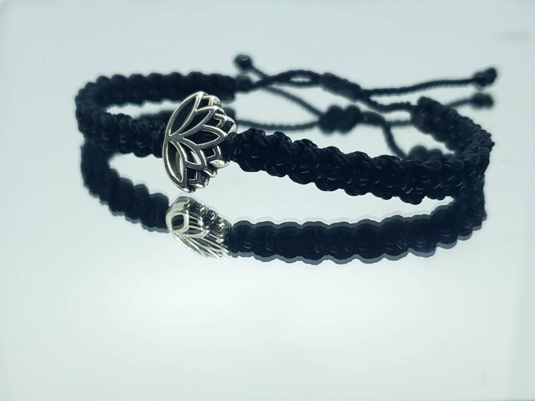 Lotus Flower Bracelet, Black String Braided Bracelet, Silver Color