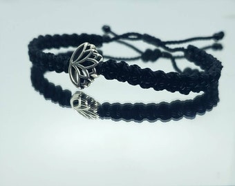 Lotus flower bracelet, black string braided bracelet, silver color lotus flower charm, new, adjustable for man & woman
