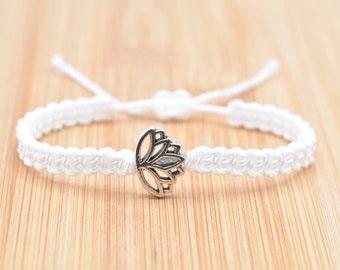 Lotus flower bracelet, white string braided bracelet silver color lotus flower charm, new, white lotus wristband,adjustable for man & woman