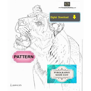 Lioness Pyrography Pattern: Tutorial available - wood burning pattern art (digital download) image 2