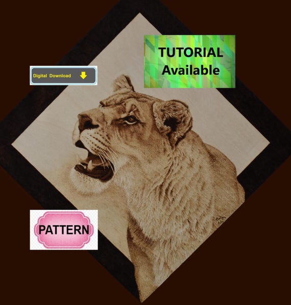 Lioness Pyrography Pattern:  Tutorial available - wood burning pattern art  (digital download)