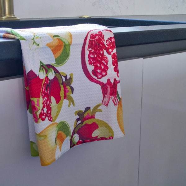 Dish Towel, Kitchen Towel, Tea Towel, kitchen decor, modern, pomegranate, oranges, lemons, yellow, orange, red, fruit, tropical, Pom