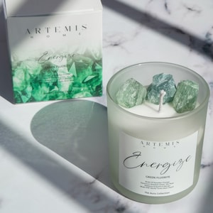 Green Fluorite Gemstone Candle, Energize Crystal candle,  Aura Collection, Green, Fresh Tropical Scent, Vanilla, Musk, Healing crystals
