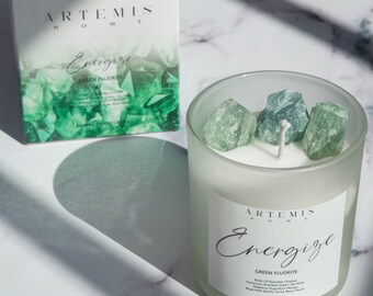 Green Fluorite Gemstone Candle, Energize Crystal candle,  Aura Collection, Green, Fresh Tropical Scent, Vanilla, Musk, Healing crystals