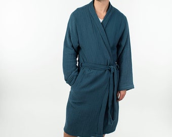 Blue Kimono Robe for men and women, cotton bathrobe, gift for her, gift for him, Blue bathrobe, Muslin robe, bridal robe, Mother's Day gift