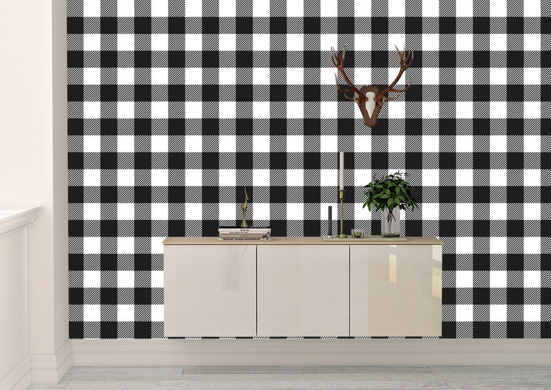 Removable peel and stick wallpaper/ Black and white plaid Etsy