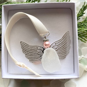 Handmade Sea Glass Angel Ornament: Guardian Angel Car Charm Pink