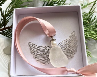 Sea Glass Angel Ornament Handmade Memorial Gift – Genuine Sea Glass Pendant with Rose Gold Ribbon, Gift Boxed Keepsake for Her or Christmas
