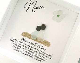 Personalized Niece Gift: Framed Sea Glass, Pebble Art, Custom Quote N
