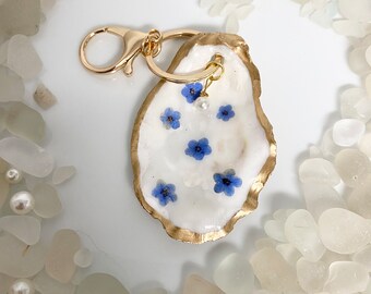 Gift for her Forget Me Not Oyster Keychain Unique Handmade Birthday Gift for Mom Best Friend Sister Gift Mother's Day Gift Pressed Flowers
