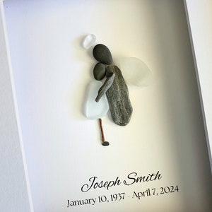 Angel Memorial Gift Sea Glass Pebble Art Framed: Sympathy Art for Loss of Son, Loss of Father, Loss of Brother, Unique Handmade Gift (A)