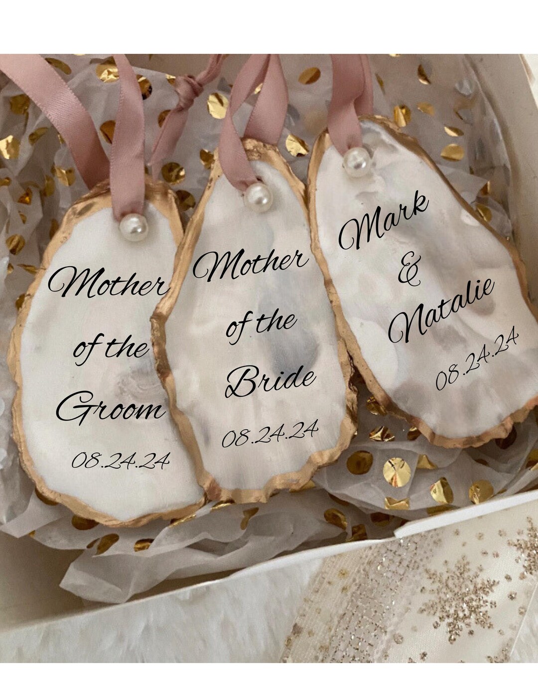 Custom Handmade Oyster Shell Ornaments – Wedding Favors | Coastal ...