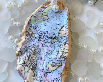 Maine Christmas Ornaments-Custom Casco Bay Oyster Shell/Maine/Maine Art/Maine Gift/Portland Maine/Maine Map/Casco Bay/NOAA Chart/Travel