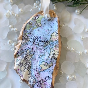 Personalized Maine Map Oyster Shell Ornament: Casco Bay Gift