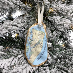 May include: Oyster shell Christmas ornament featuring a map of Hilton Head Island, SC. The shell has a gold-painted edge and a blue background. A white ribbon and pearl are attached for hanging. The ornament hangs on a snow-covered Christmas tree.