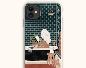 Caja de teléfono biodegradable de cadera | Funda para teléfono vegana y ecológica | Caja del teléfono para iPhone | Mujer en la caja del teléfono de autocuidado del baño