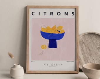 Pintura de limón | Impresión de cocina con texto | Cartel de Amsterdam con frutas | Decoración de limón para la cocina | Arte con calidad de museo.