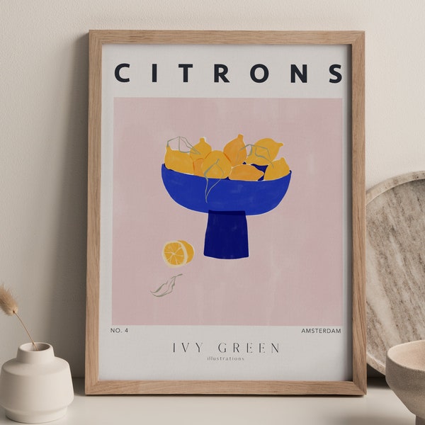 Lemon art print | Contemporary kitchen wall art | Minimalist kitchen decor | Pink and blue fruit still life | Citron painting | Fruit poster