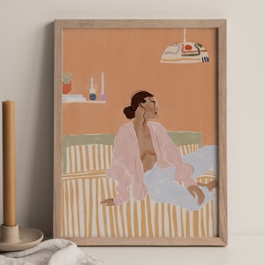 Woman lounging on bed wall decor | Decor for cozy spaces | Boho style wall art for bedroom | Terracotta decor | Relaxation gift for women