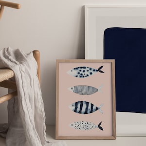 Fish Painting Navy Blue Wall Art | Watercolor Fish For Nursery, Watercolor Kitchen Decor