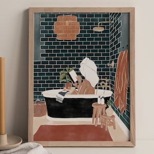 Water color painting woman in bath | Bathroom shelf decor | Contemporary wall art | Ivy Green Illustrations