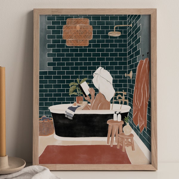 Femme en affiche de bain | Décoration de salle de bain | Affiches et décoration murale | Lierre vert Illustrations