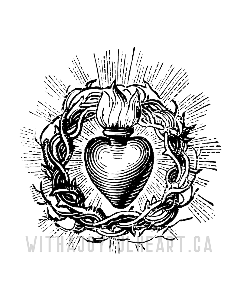 Printable Sacred Heart of Jesus with the word &lsquo;Love&rsquo; in gold