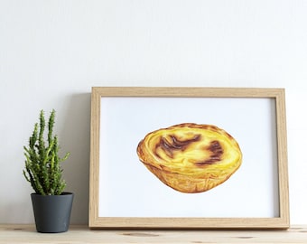 Pastel de Nata Art Print | Portuguese Egg Custard Tart Illustration | Handmade Realistic Food Decor | A4 | Unframed