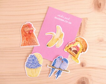 Personalised Sticker Pack | 5 Medium Stickers | Realistic Food, Animal and Flower Illustration | Handmade Art | Vinyl | Waterproof