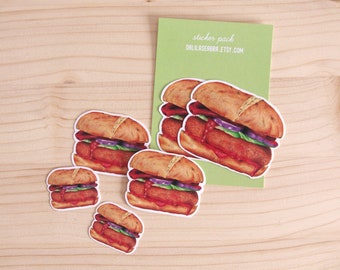 Vegan Burger Sticker Pack | 3 Sizes | Fast Food Realistic Illustration | Handmade Hamburger Art | Vinyl | Waterproof