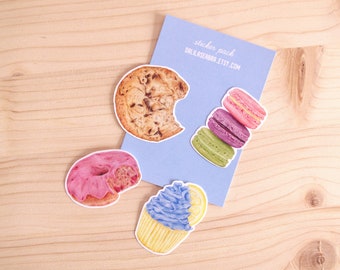 Dessert Sticker Pack | Realistic Illustration | Handmade Art | Lemon Lavender Cupcake, Donut, Cookie and Macarons | Vinyl | Waterproof