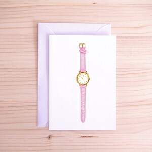 relógio cor-de-rosa cartão postal | Ilustração de acessórios de moda | Arte realista feita à mão | A6 | Envelope Branco