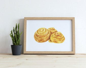 Cinnamon Rolls Art Print | Pastry Dessert Illustration | Handmade Realistic Food Decor | A4 | Unframed