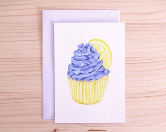 Cartolina Cupcake al Limone Lavanda | illustrazione del cibo | | d'arte del dessert realistico fatto a mano | A6 Busta bianca